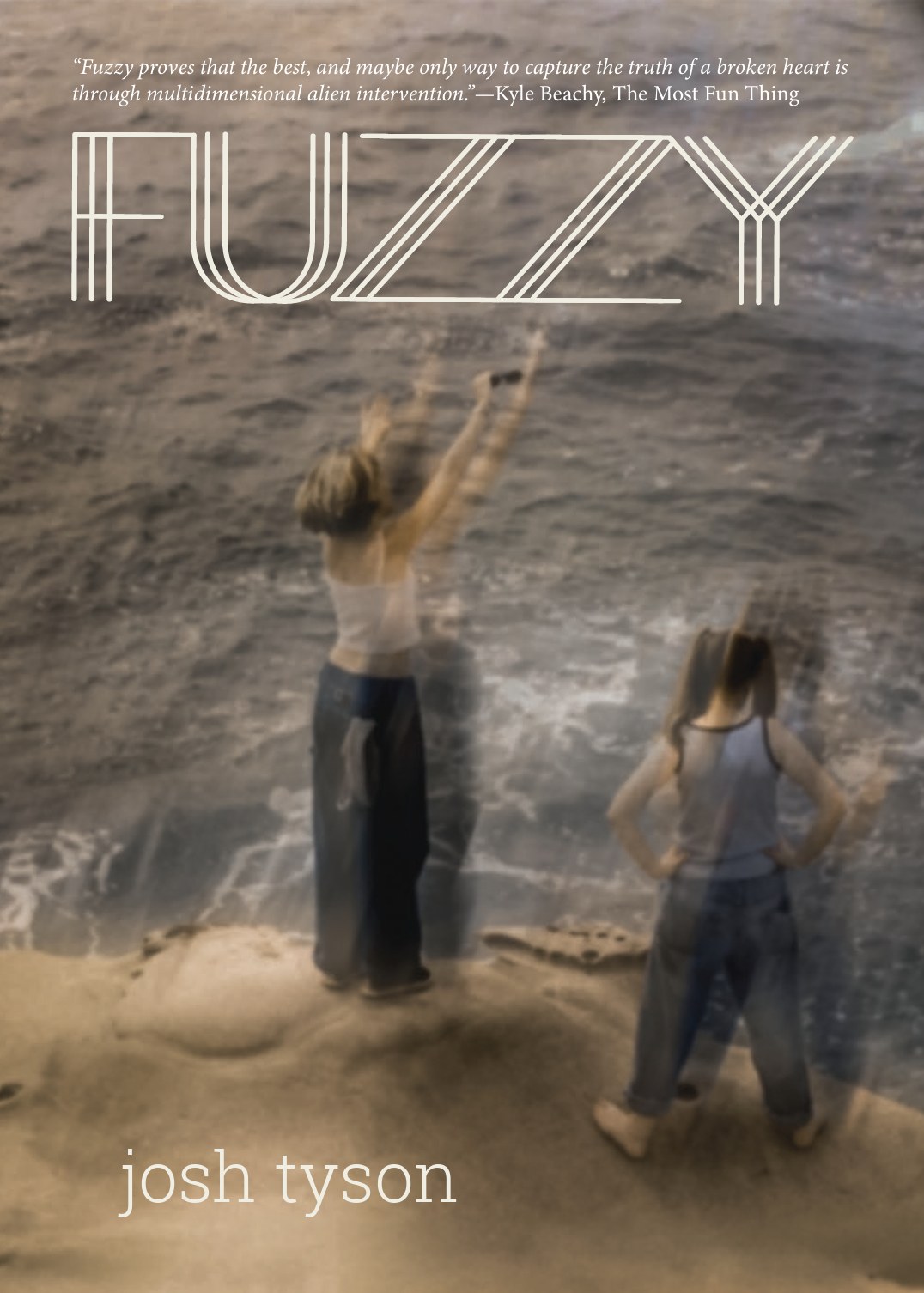 Cover of Fuzzy by Josh Tyson: two figures on a rocky shore facing the sea, one reaching skyward